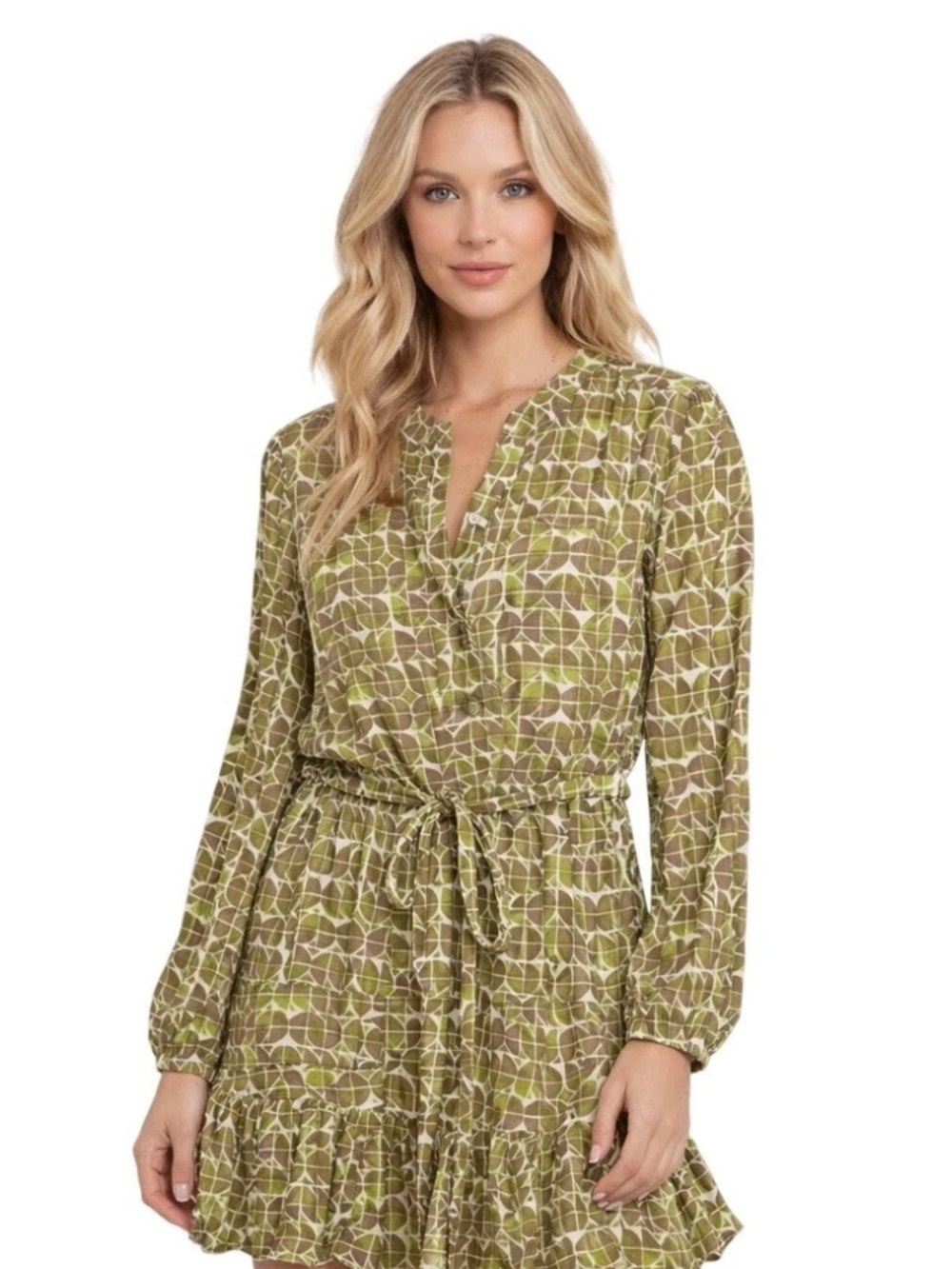 Jessica Simpson Olive Green and White Geometric Print‎ Dress